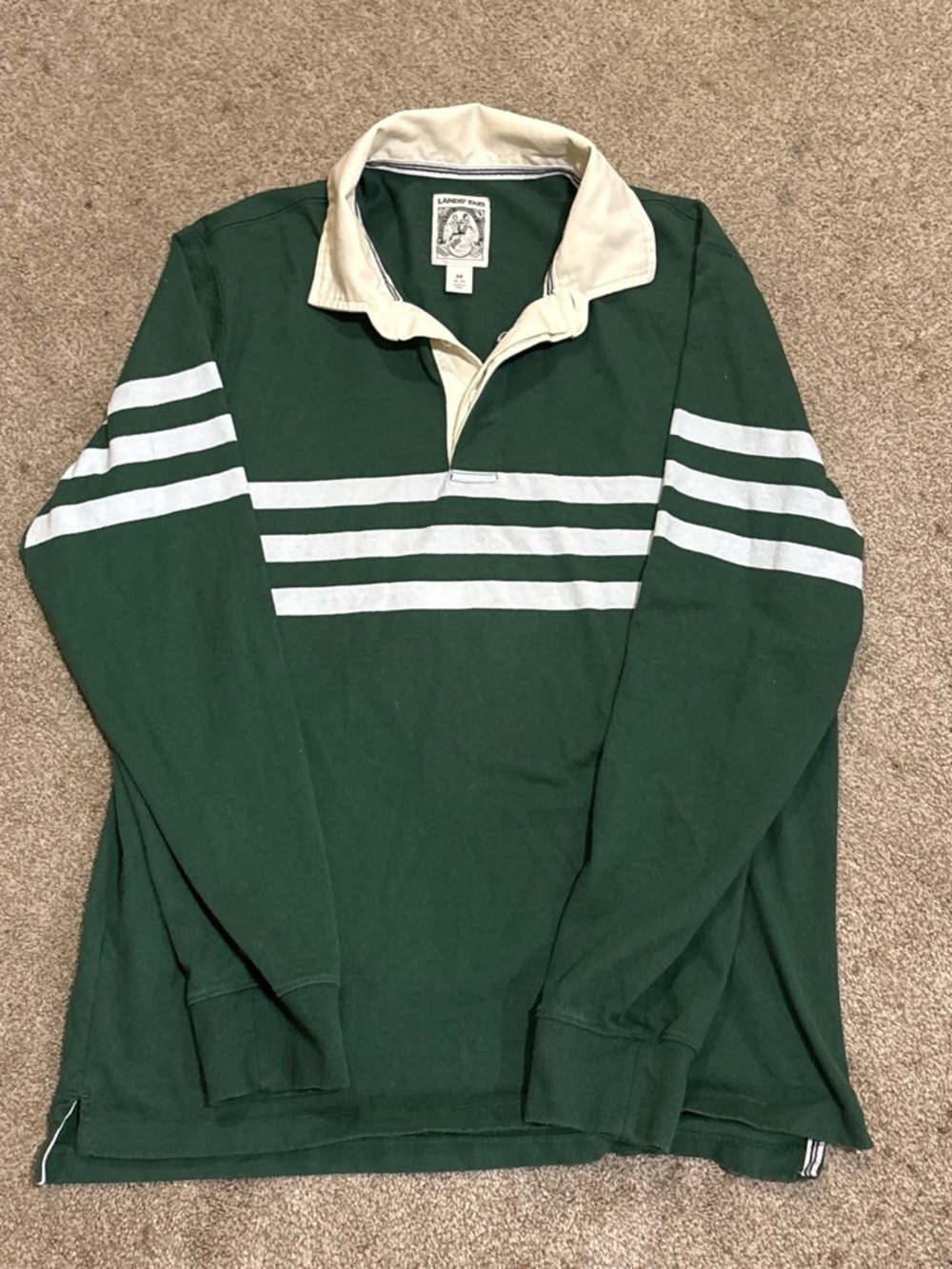 Lands' End Forest Green Rugby Shirt with White Stripes and Cream Collar - Picture 1 of 3